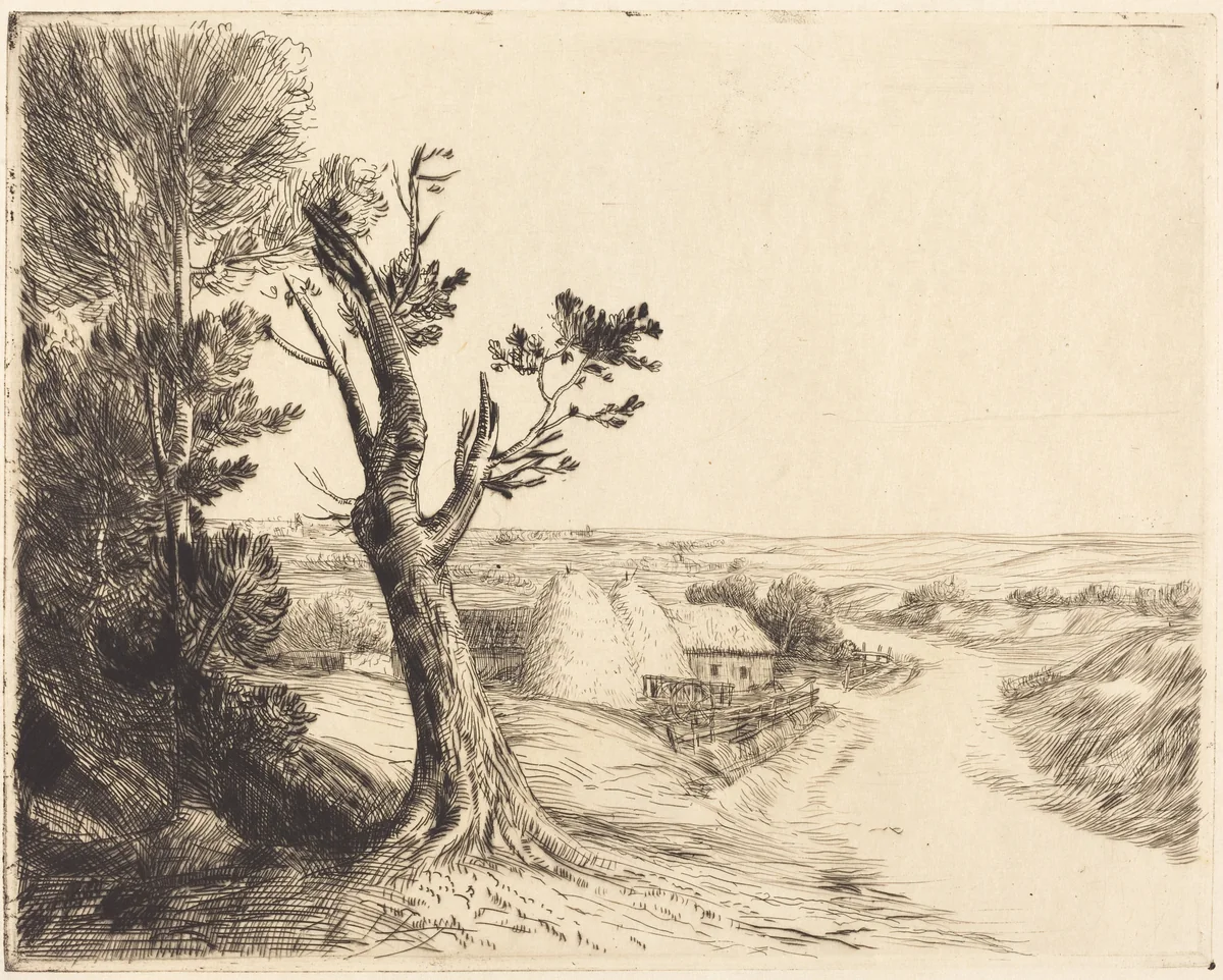 Landscape with Haystacks (Le paysage aux meules) by Alphonse Legros, print, 1837-1911