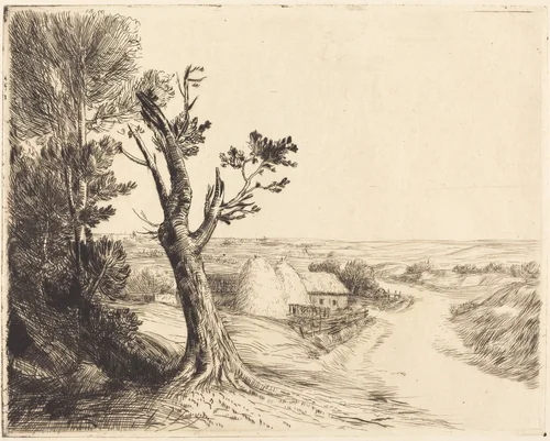 Landscape with Haystacks (Le paysage aux meules) by Alphonse Legros, print, 1837-1911