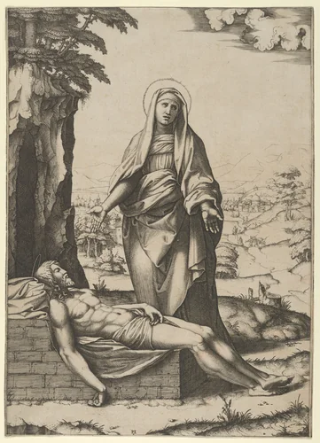 The Pietà: the Virgin standing over the dead Christ, her hands outspread by Marcantonio Raimondi, print, 1510-1520