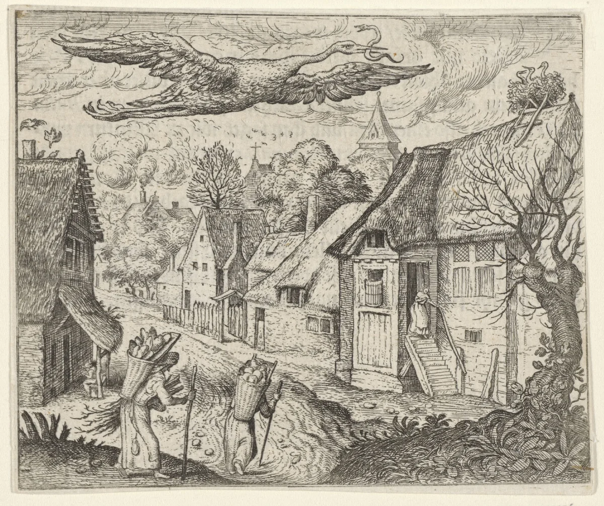 Fabel van de oude ooievaar by Aegidius Sadeler, print, 1608