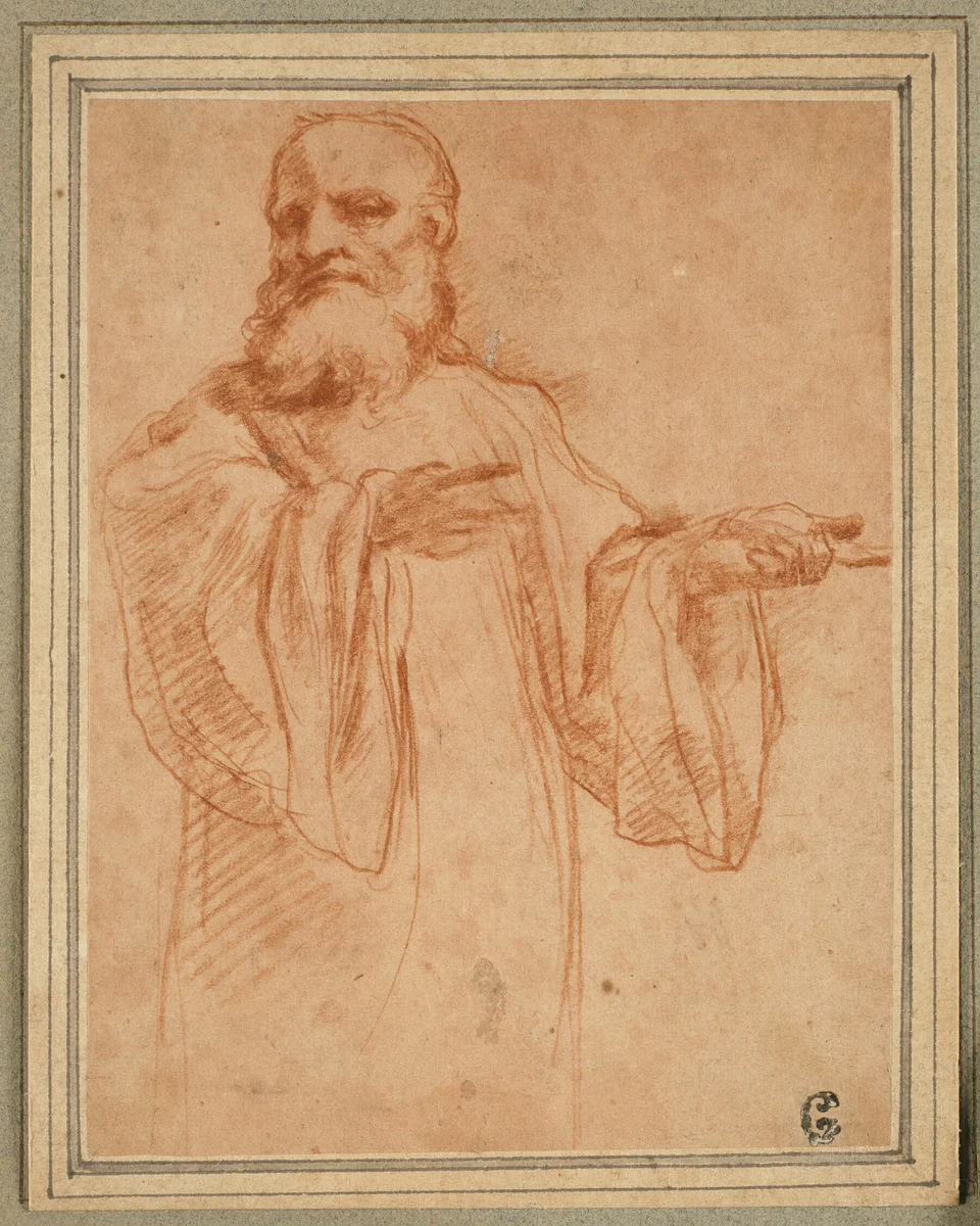 St. Benedict Gesturing to the Left: Study for the Coronation of the Virgin by Antonio Allegri, drawing, 1520-1523
