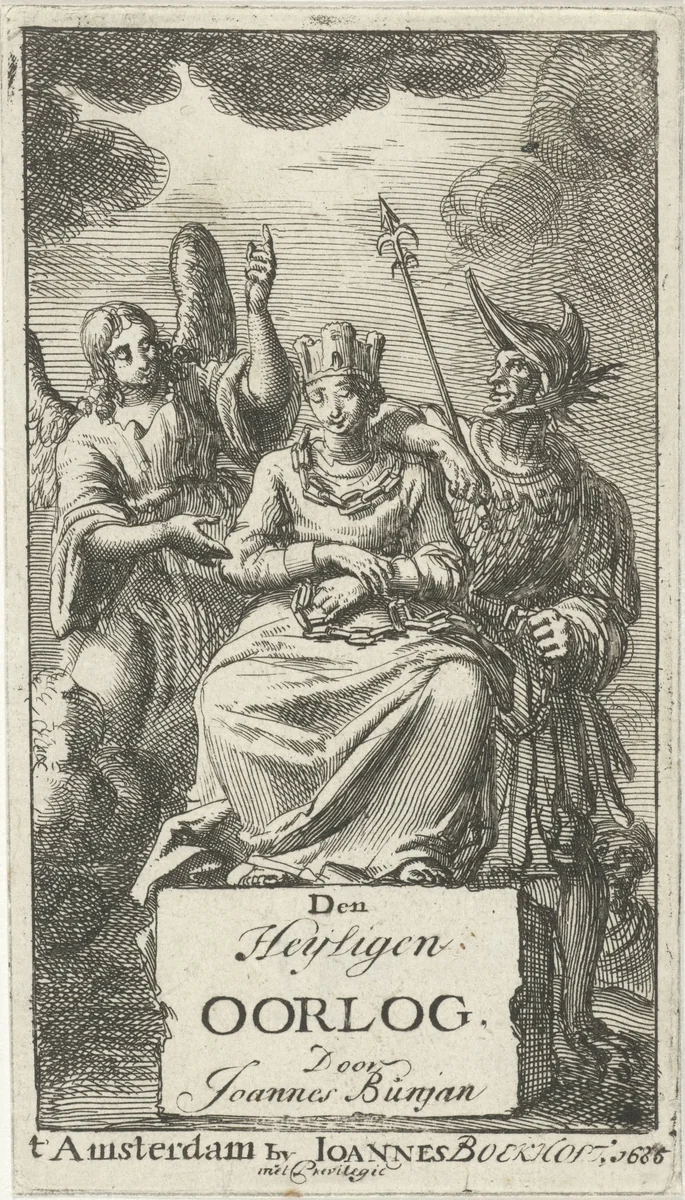 Gekroonde en geketende vrouw geflankeerd door een engel en een soldaat by Jan Luyken, print, 1685