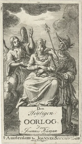 Gekroonde en geketende vrouw geflankeerd door een engel en een soldaat by Jan Luyken, print, 1685