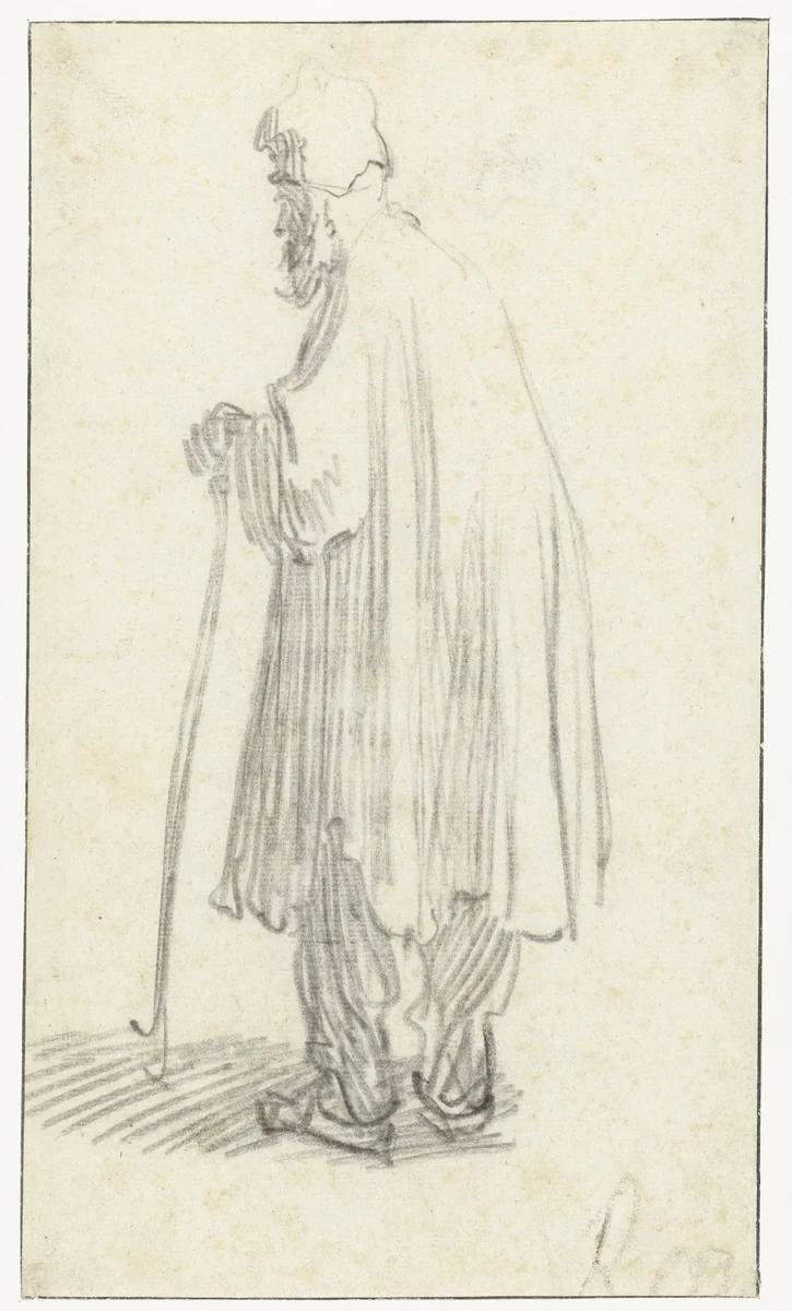 Staande man met stok, naar links by Rembrandt van Rijn, drawing, 1629-1630