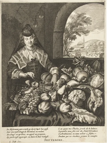 Maand september voorgesteld als vrouw bij tafel overladen met groenten en fruit by anonymous, print, 1648-1715