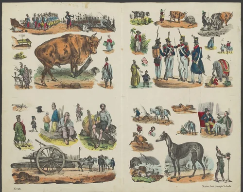 Dieren, militairen en circusartiesten by anonymous, print, 1793-1813