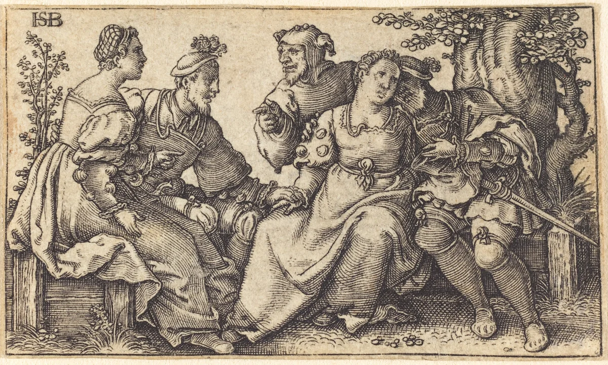 Two Couples and a Fool by Sebald Beham, print, 1500-1599