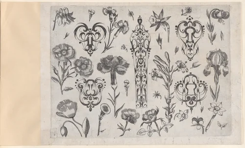 Blackwork Designs with Flowers, Plate 6 from a Series of Blackwork Ornaments combined with Figures, Birds, Animals and Flowers by Meinert Gelijs, book, 1622