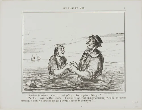 “- Mr.Lifeguard.... is it true there are sharks at Dieppe? - Of course... but it is pretty simple... as soon as you see one coming to eat you, all you have to do is lay down sideways. He won't eat you for fear of choking to death,” plate 1 from Aus Bains De Mer by Honoré-Victorin Daumier, print, 1858
