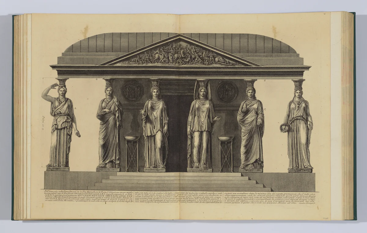 Group of caryatids, from "Vasi, candelabri, cippi, sarcofagi, tripodi, lucerne, ed ornamenti antichi disegnati ed incisi dal Cav. Gio. Batt. Piranesi, Vol. II" (Vases, candelabra, grave stones, sarcophagi, tripods, lamps, and ornaments designed and etched by Cavalieri Giovanni Battista Piranesi) by Giovanni Battista Piranesi, print, 1778-1780