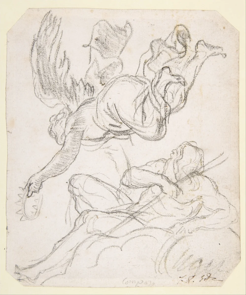 Flying Figure Holding a Crown, Reclining River God by Jacques-Louis David, drawing, 1760-1825