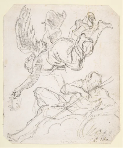 Flying Figure Holding a Crown, Reclining River God by Jacques-Louis David, drawing, 1760-1825