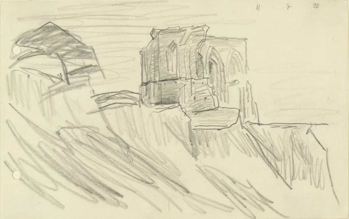 Ruins on the Cliff with Tree at Left by Lyonel Feininger, drawing, 1928