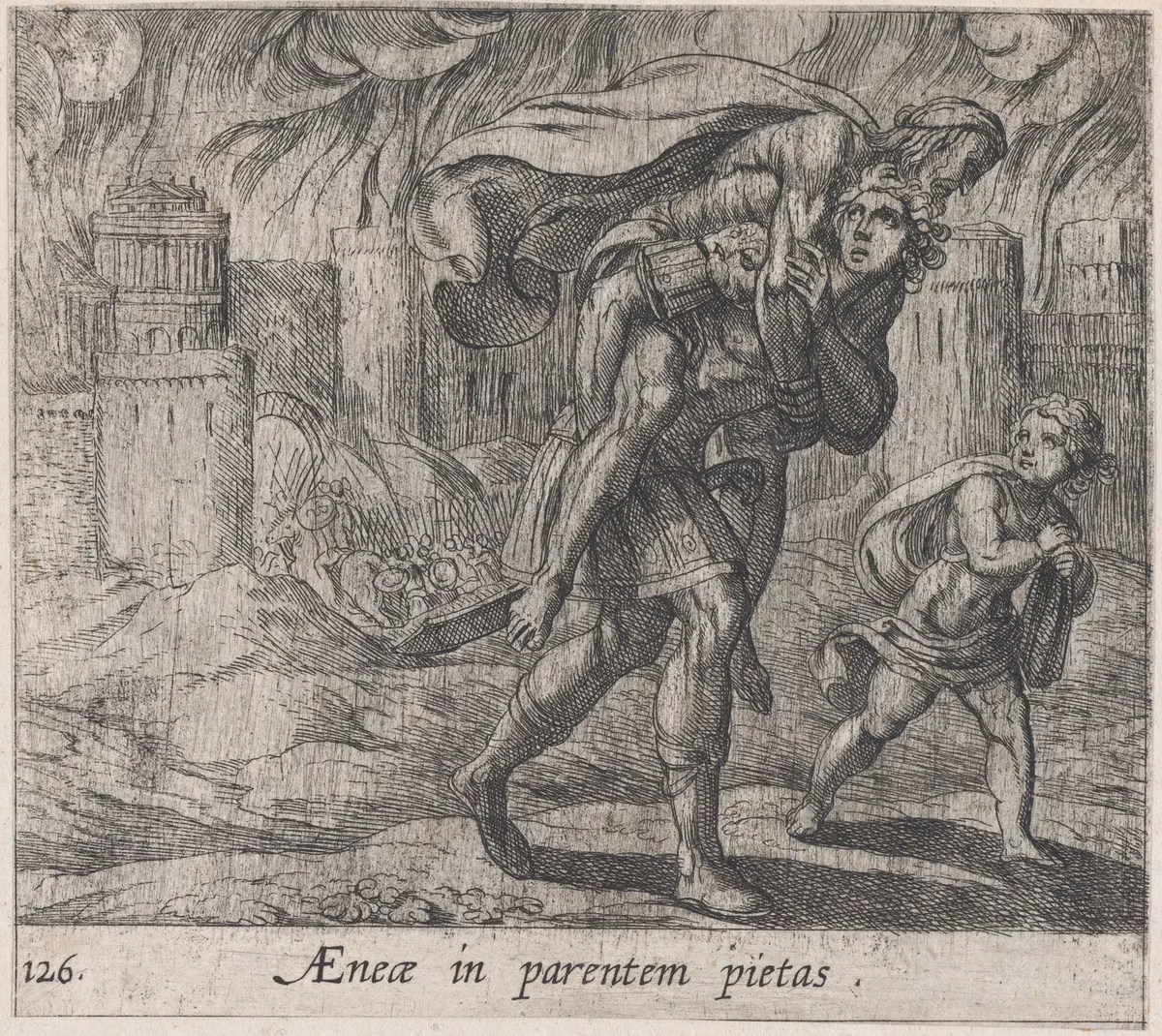 Plate 126: Aeneas and Anchises (AEnea in perentem pietas), from Ovid's 'Metamorphoses' by Antonio Tempesta, print, 1606