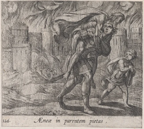 Plate 126: Aeneas and Anchises (AEnea in perentem pietas), from Ovid's 'Metamorphoses' by Antonio Tempesta, print, 1606
