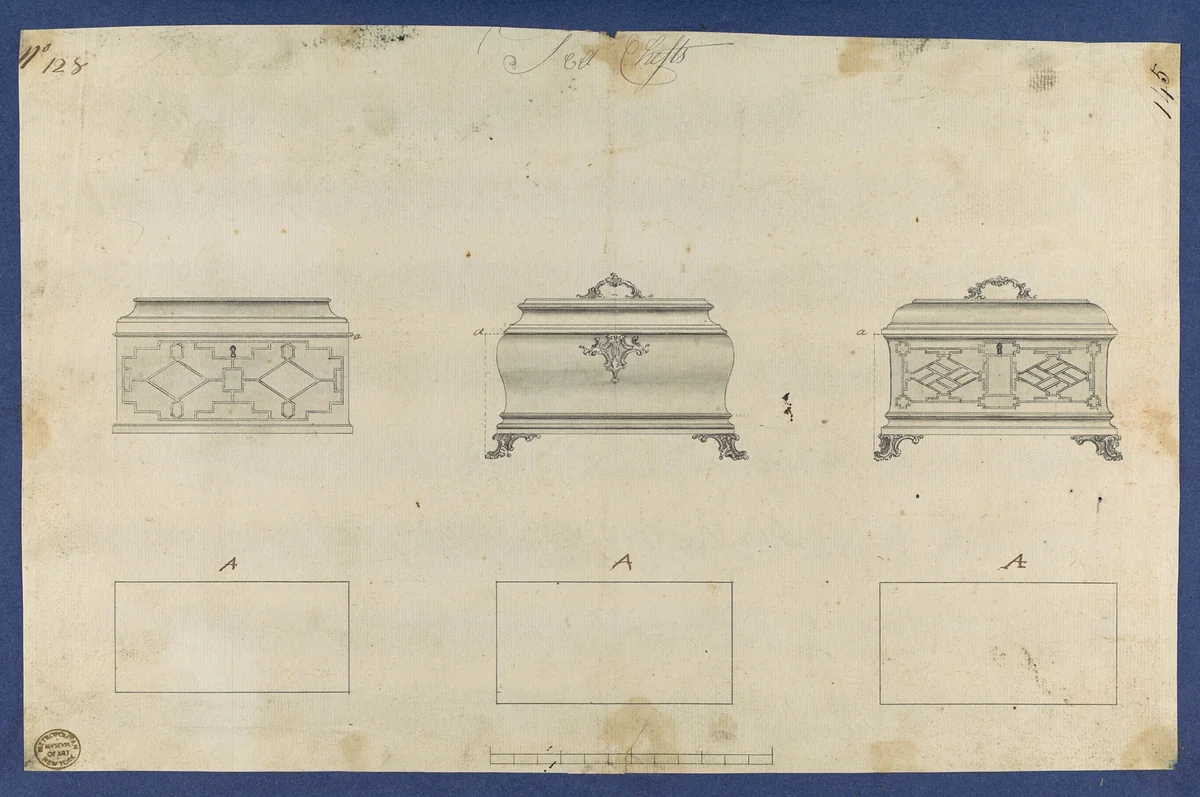 Tea Chests, in Chippendale Drawings, Vol. I by Thomas Chippendale, drawing, 1754