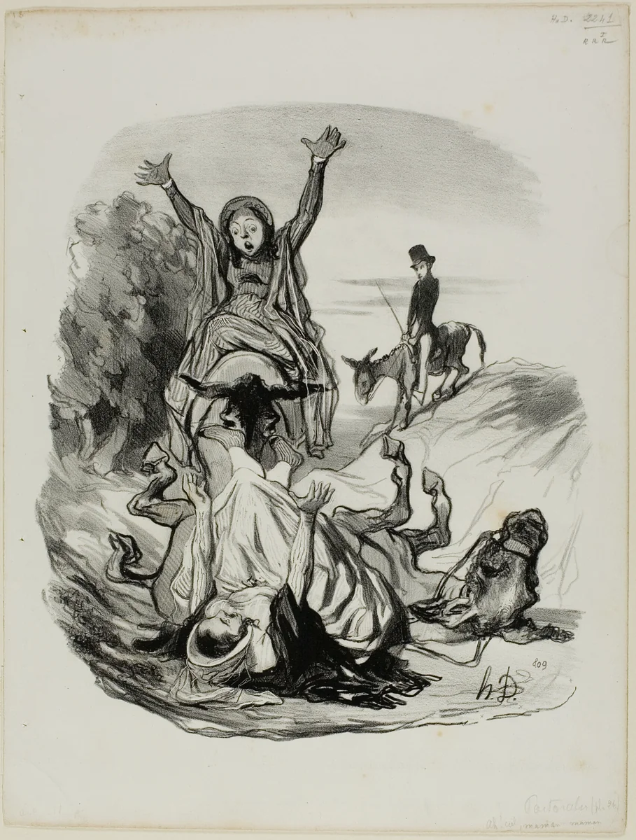 "- Oh my God, Mama, mama!........ For heaven's sake..... my daughter, my daughter!!!," plate 26 from Pastorales by Honoré-Victorin Daumier, print, 1845