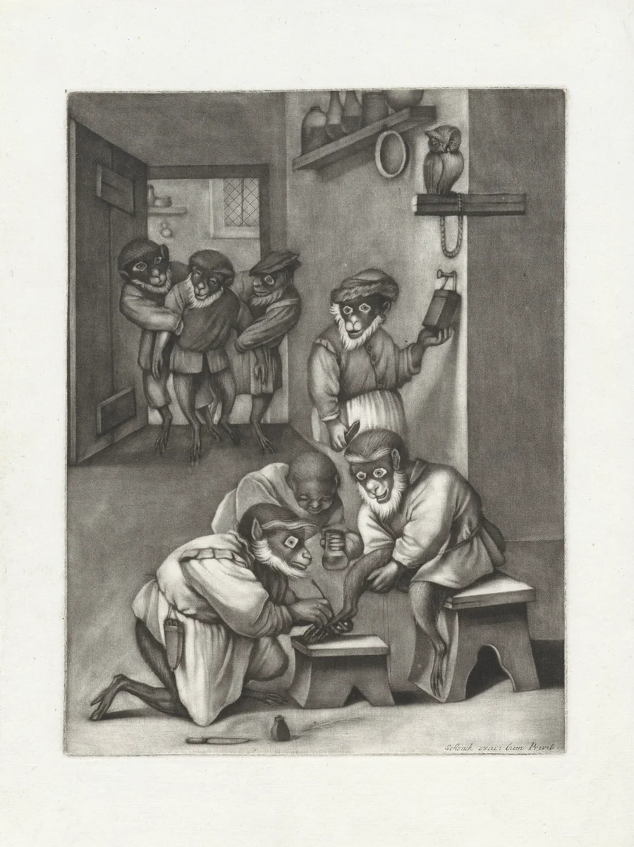 Aap als chirurg by anonymous, print, 1670-1713