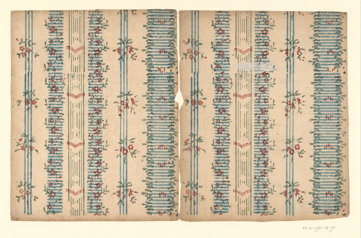 Twee bladen met banenpatroon met banen met bloemen, ranken en strepen by anonymous, other, 1750-1900