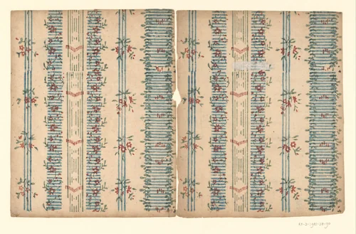 Twee bladen met banenpatroon met banen met bloemen, ranken en strepen by anonymous, other, 1750-1900