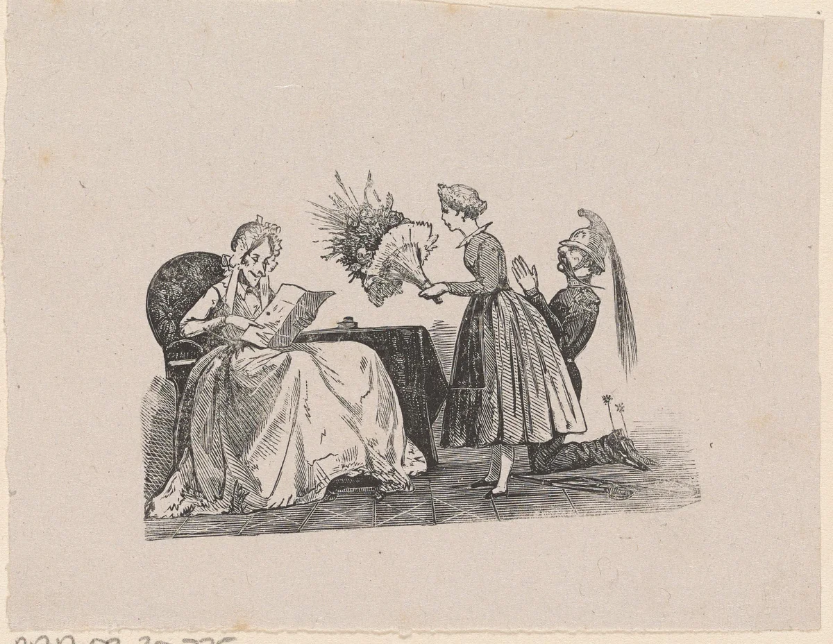 Vrouw naast een knielende man een bos bloemen aanbiedend aan een vrouw in een stoel by Isaac Weissenbruch, print, 1836-1912