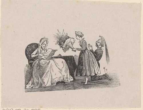 Vrouw naast een knielende man een bos bloemen aanbiedend aan een vrouw in een stoel by Isaac Weissenbruch, print, 1836-1912