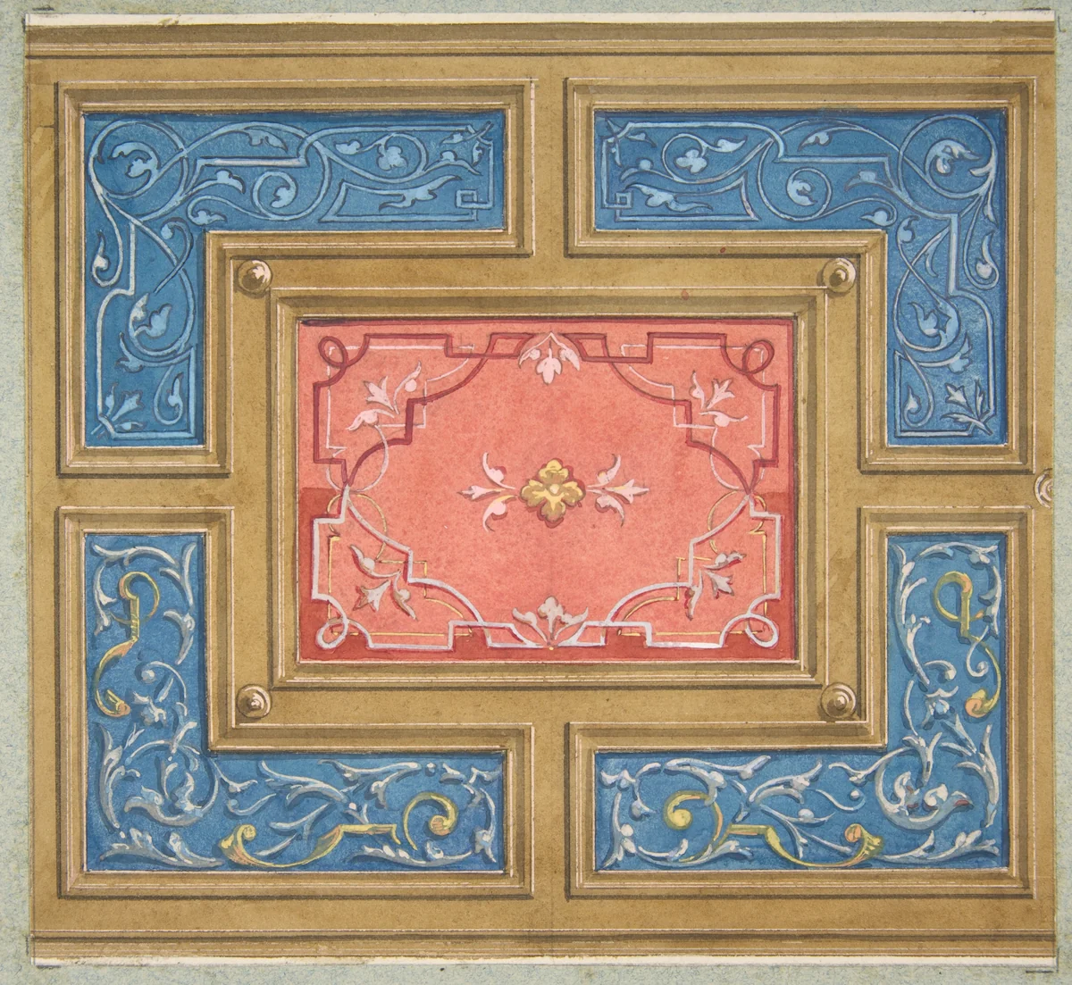 Design for a coffered ceiling with painted panels by Jules-Edmond-Charles Lachaise, drawing, 1840-1897