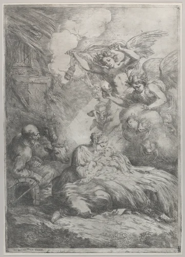 The Nativity with Angels by Bartolomeo Biscaino, print, 1650-1657