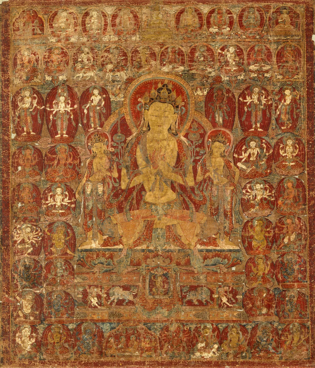 Painted Banner (Thangka) of Bodhisattva Manjushri with Vajrapani (right) and Padmapani (left) by Tibet Western Tibet, Guge, painting, 1401-1500
