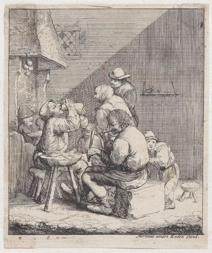 Seven peasants in a rustic interior with a man lighting a pipe by Jacques Dassonville, print, 1635-1675