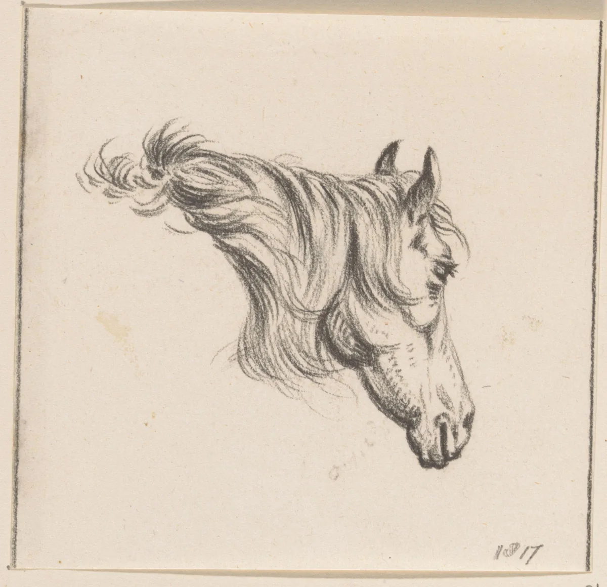 Hoofd van een paard, naar rechts by Jean Bernard, drawing, 1817