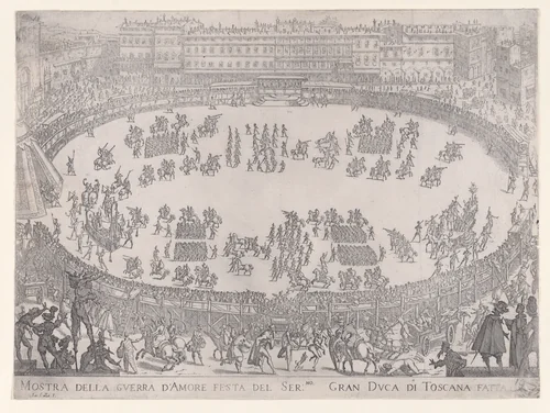 Le Défilé Entrée des Chars de l'Afrique et de l'Aise (The Entrance Parade of the Chariots of Africa and Asia), from "La Guerre d'Amour" (Guerra d'Amore) (War of Love) by Jacques Callot, print, 1615