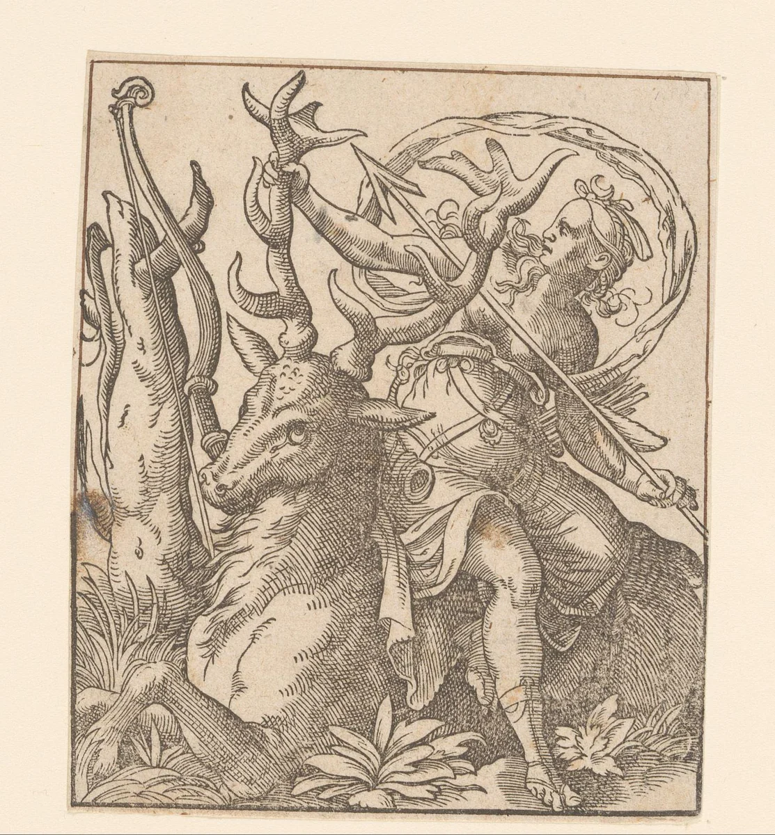 Diana zittend op een hert by anonymous, print, 1580
