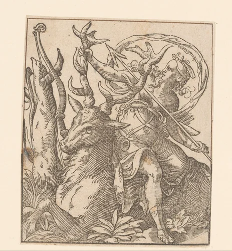 Diana zittend op een hert by anonymous, print, 1580