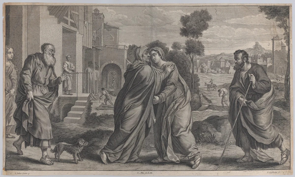 Visitation; Saint Elizabeth embracing the Virgin at center as Saint Joseph walks toward them on the right and Zacharias greets them on the left; from 'Theatrum Pictorium', after Palma Il Vecchio by Peeter van Lisebetten, print, 1651-1665