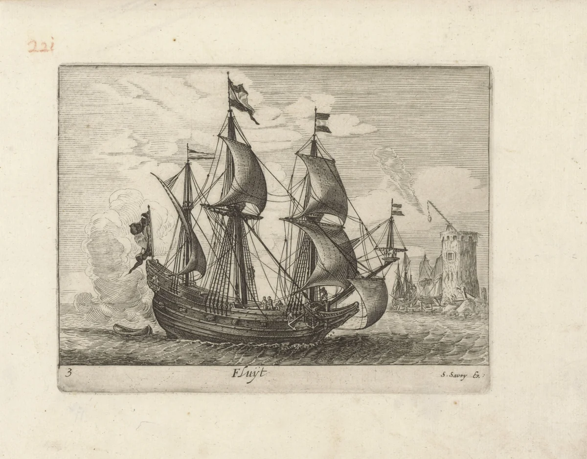 Zeilende driemaster met op de achtergrond een vuurtoren en zeilschepen by anonymous, print, 1610-1665