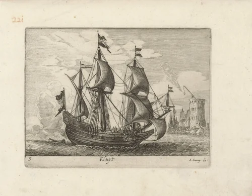 Zeilende driemaster met op de achtergrond een vuurtoren en zeilschepen by anonymous, print, 1610-1665