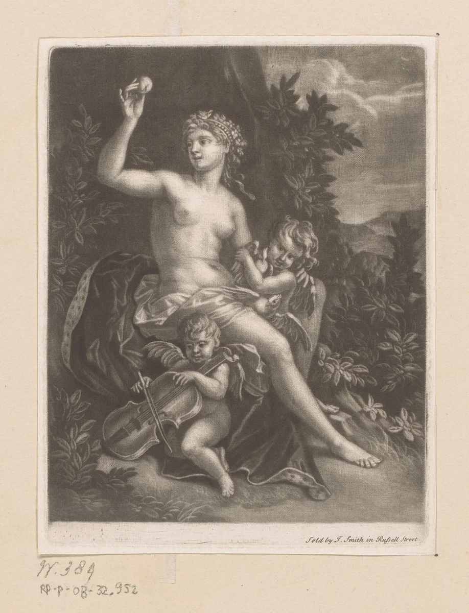 Venus met een appel en twee cupido's met viool en duiven by John Smith, print, 1662-1742