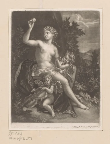 Venus met een appel en twee cupido's met viool en duiven by John Smith, print, 1662-1742