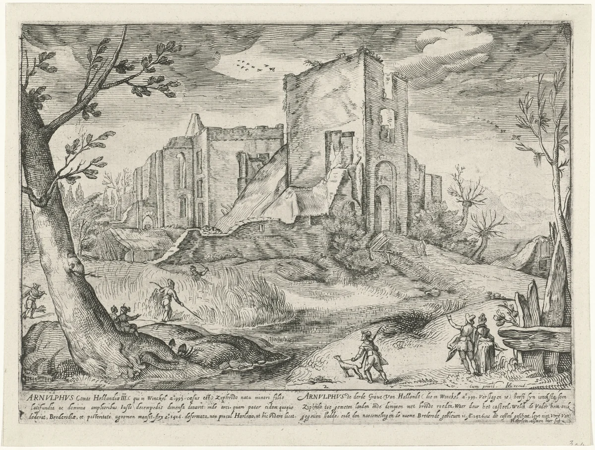 Landschap met de ruïne van Brederode by Gerrit Gauw, print, 1604-1638