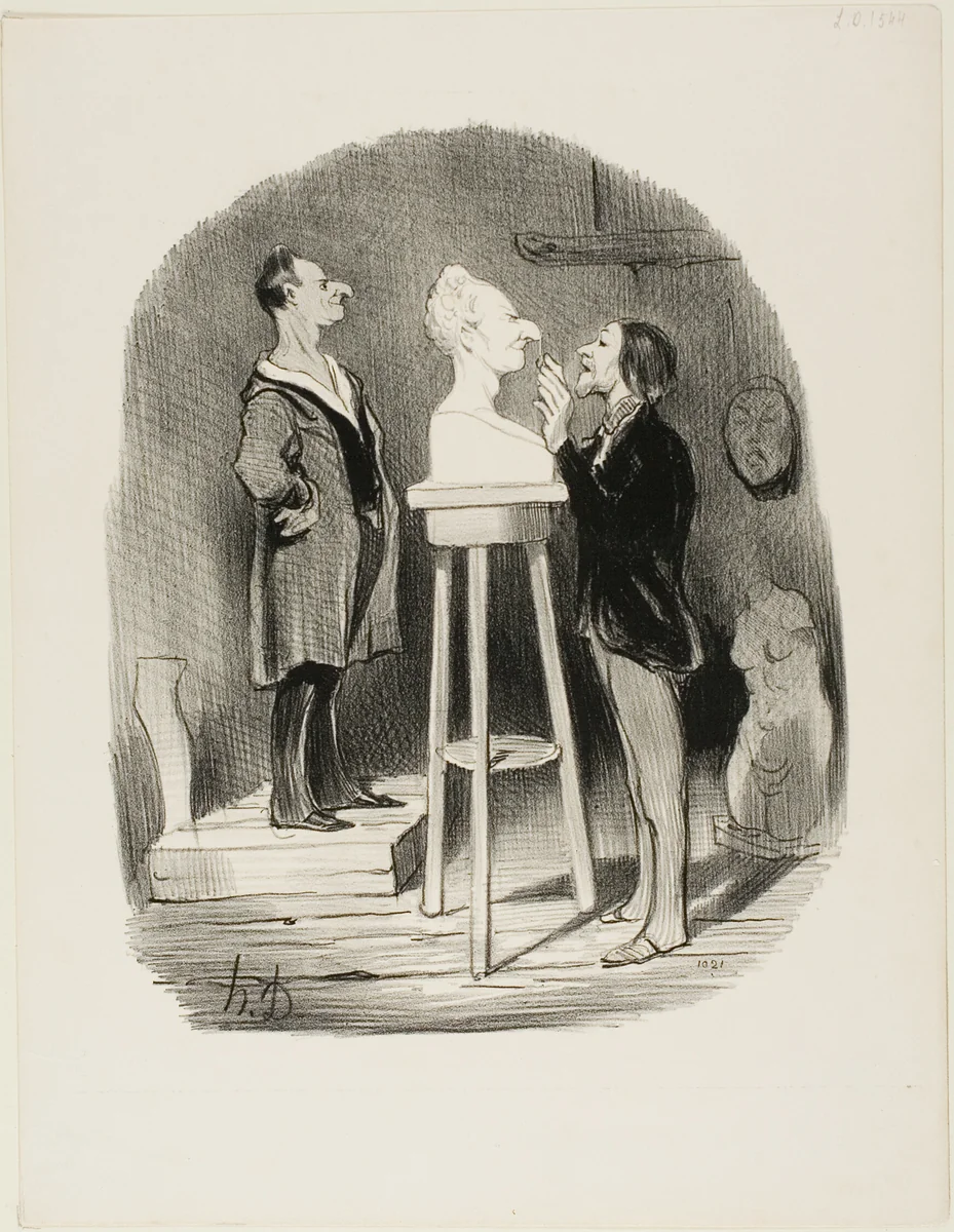 Monsieur Filochard, ex shopkeeper, retired, feels the need of passing on his bust in marble to even remotest posterity, plate 68 from Les Bons bourgeois by Honoré-Victorin Daumier, print, 1847