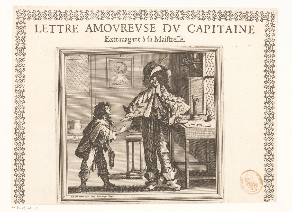 Kapitein overhandigt een liefdesbrief aan een bode by Abraham Bosse, print, 1635-1636