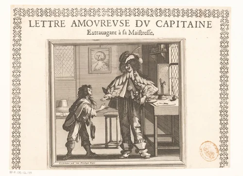 Kapitein overhandigt een liefdesbrief aan een bode by Abraham Bosse, print, 1635-1636