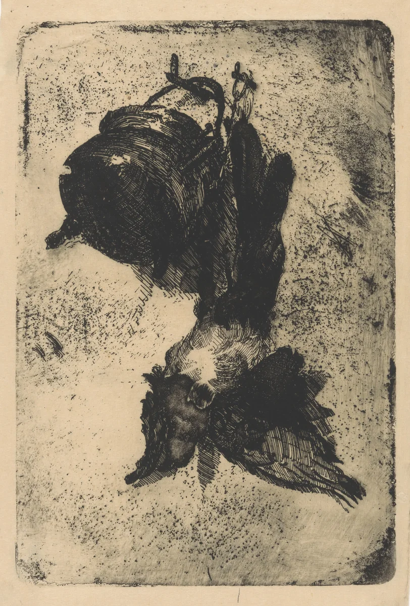 Dode vogel en ketel aan een muur by Barbara van Houten, print, 1877-1950