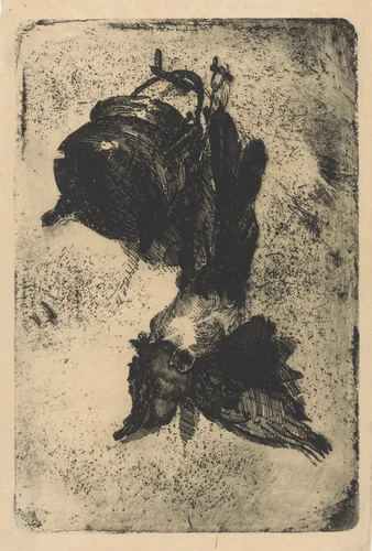 Dode vogel en ketel aan een muur by Barbara van Houten, print, 1877-1950