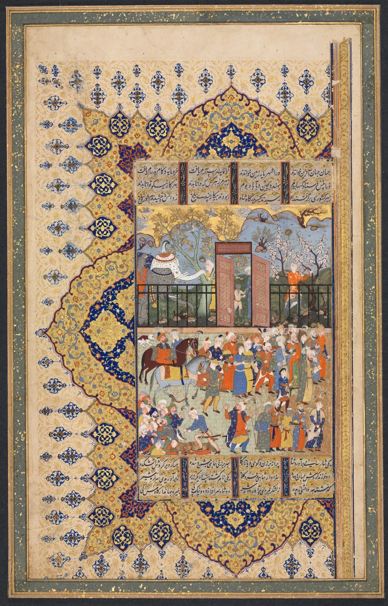 King Luhrasp Ascends the Throne: a Processon Arrives at Court, recto of the left folio of a double-page composition from a Shahnama (Book of Kings) of Firdausi (940-1019 or 1025) by Unknown, manuscript, 1560-1590