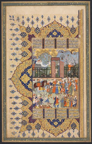 King Luhrasp Ascends the Throne: a Processon Arrives at Court, recto of the left folio of a double-page composition from a Shahnama (Book of Kings) of Firdausi (940-1019 or 1025) by Unknown, manuscript, 1560-1590