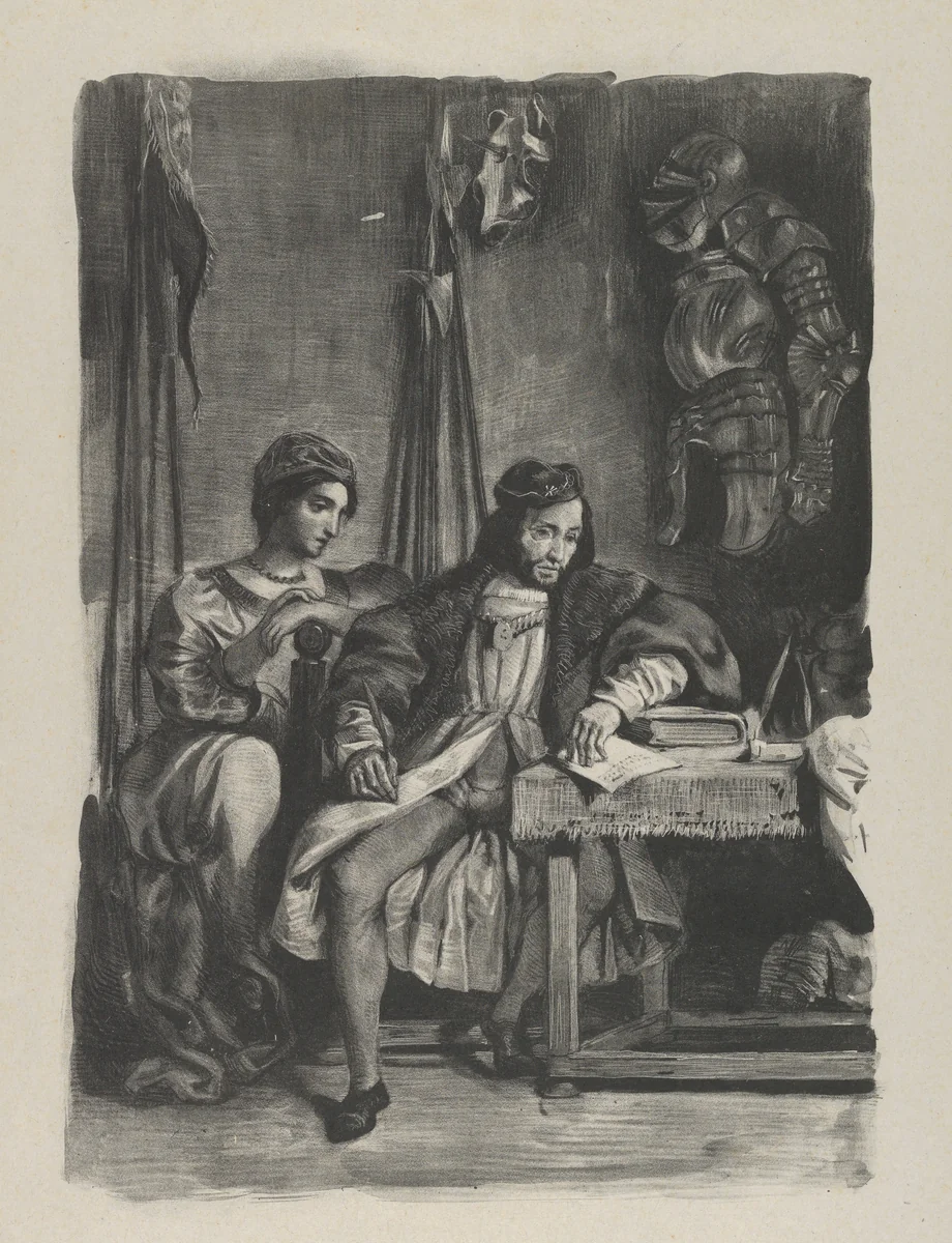 Goetz von Berlichingen Writing His Memoirs by Eugène Delacroix, print, 1836-1843