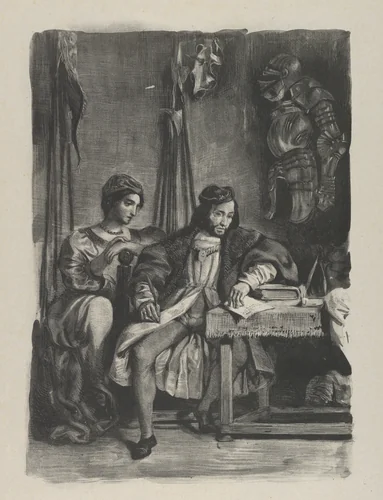 Goetz von Berlichingen Writing His Memoirs by Eugène Delacroix, print, 1836-1843
