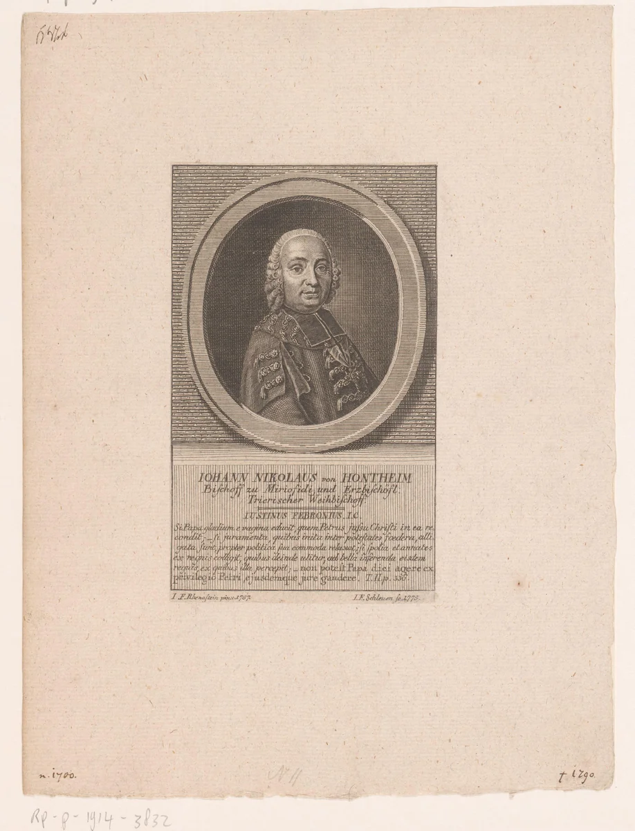Portret van Nikolaus von Hontheim by Johann Friedrich Schleuen, print, 1775